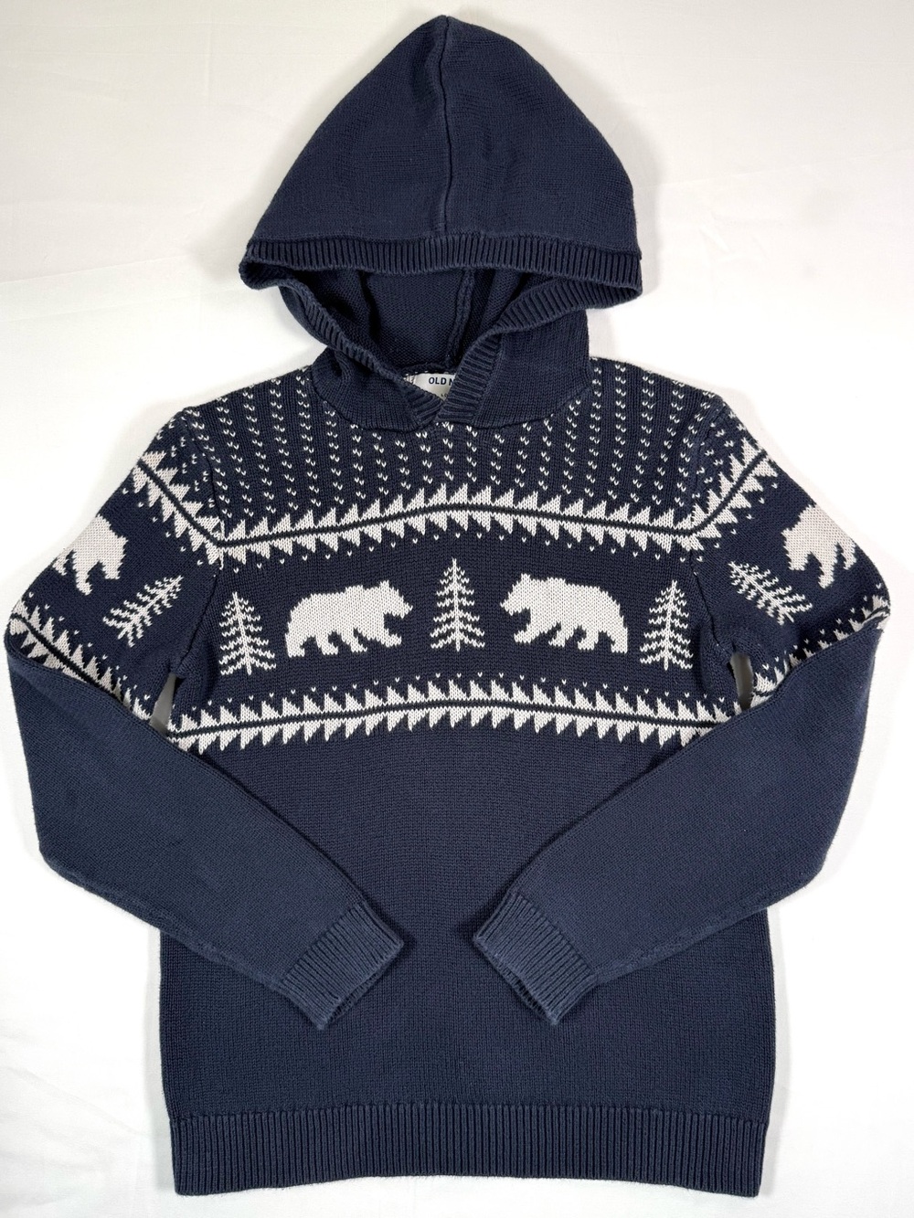 OLD NAVY Boys Hooded Fair Isle Bear Sweater L 10-12 Preppy Cabin Mountain Winter